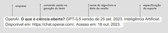 Exemplo mostra como deve ser citada a fonte de um texto gerado por IA.
