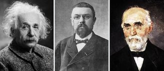 Da esquerda para a direita, a imagem apresenta os físicos Albert Einstein, Henri Poincaré e Hendrik Lorentz.