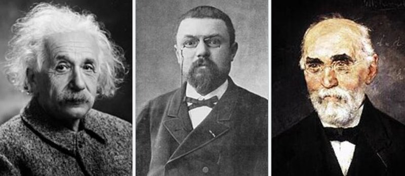 Da esquerda para a direita, a imagem apresenta os físicos Albert Einstein, Henri Poincaré e Hendrik Lorentz.