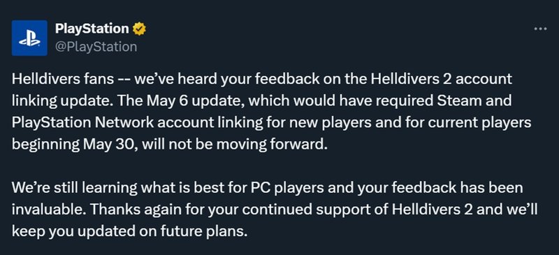 Comunicado da Sony sobre o cancelamento da necessidade de vincular as contas da PSN e da Steam para jogar Helldivers 2.