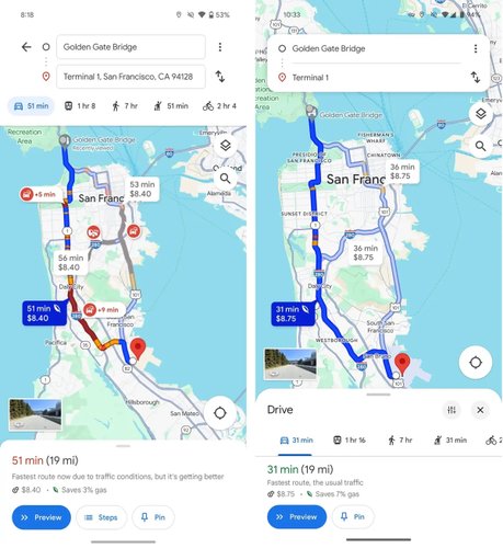 Google Maps: interface testada em fevereiro (à esquerda) e a que está sendo testada atualmente (à direita).