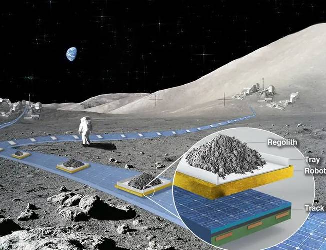 A imagem mostra um exemplo do sistema ferroviário de flutuação levando regolito lunar; o contrato de desenvolvimento foi concedido à companhia multinacional Northrop Grumman.