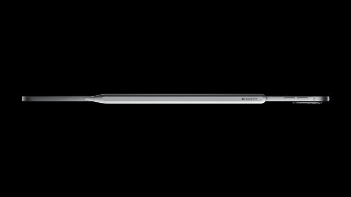 O Apple Pencil Pro pode ser armazenada na lateral do iPad Pro. (Imagem: Apple/Divulgação)