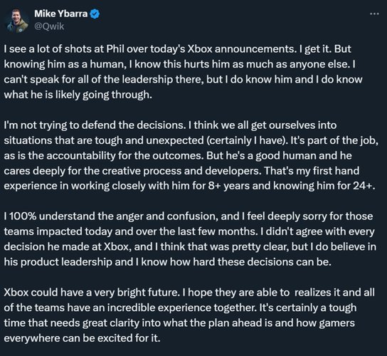 Publicação de Mike Ybarra, ex-CEO da Blizzard, em defesa de Phil Spencer no X.