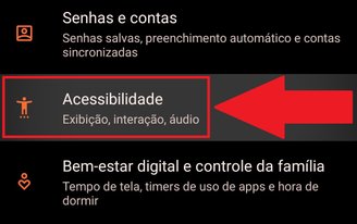 É preciso descer a tela para encontrar a opção "Acessibilidade"