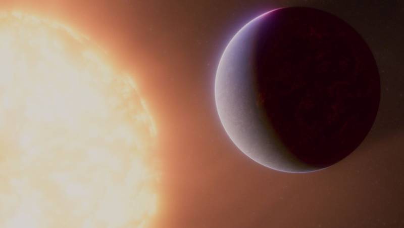 A imagem ilustra o planeta 55 Cancri E próximo de sua estrela principal; o objeto rochoso pode ter uma camada de atmosfera ao seu redor.