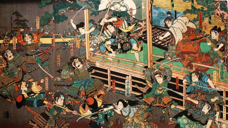  Incidente de Honno-ji, quando as forças do general Akechi Mitsuhide cercaram o templo Honno em uma tentativa de golpe em 1582.