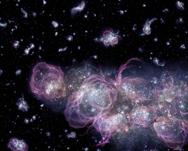 A ilustração apresenta como seria a formação das primeiras estrelas; mesmo que elas ainda existissem, os cientistas afirmam que ainda não seria possível observá-las devido à distância de bilhões de anos-luz.