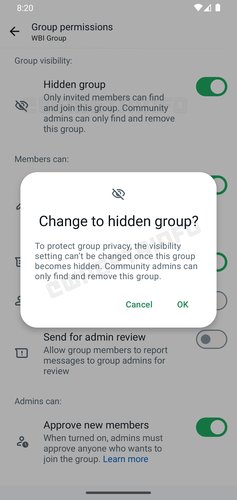 "Para proteger a privacidade do grupo, a configuração de visibilidade não pode ser mudada após torná-lo oculto. Somente administradores da Comunidade podem ver e remover este grupo", explica o WhatsApp. (Imagem: Wabetainfo/Reprodução)