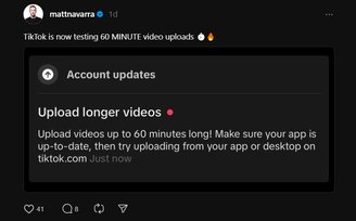 O aviso de que o TikTok agora permite vídeos mais longos para alguns usuários.