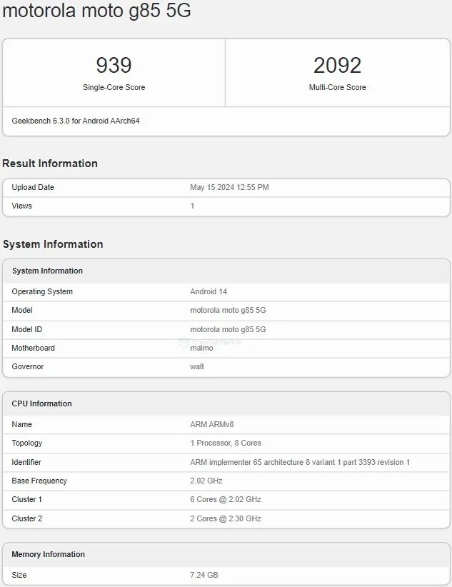 Moto G85 é listado no Geekbench, e poder ser lançado com o Snapdragon 4 Gen 3. (Imagem: Geekbench/Reprodução)