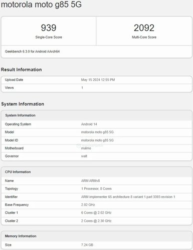 Moto G85 é listado no Geekbench, e poder ser lançado com o Snapdragon 4 Gen 3. (Imagem: Geekbench/Reprodução)