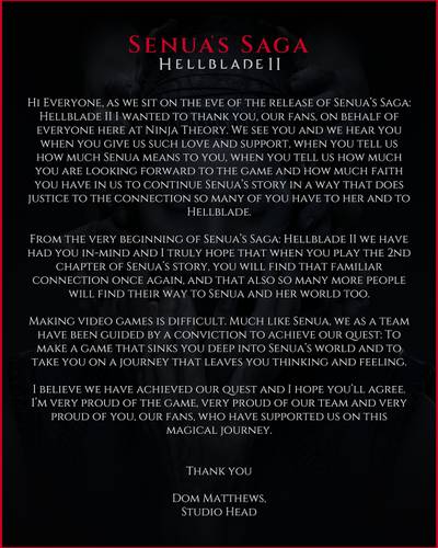 Dom Matthews, chefe da Ninja Theory, agradecendo os fãs ansiosos por Hellblade 2 no X (antigo Twitter).