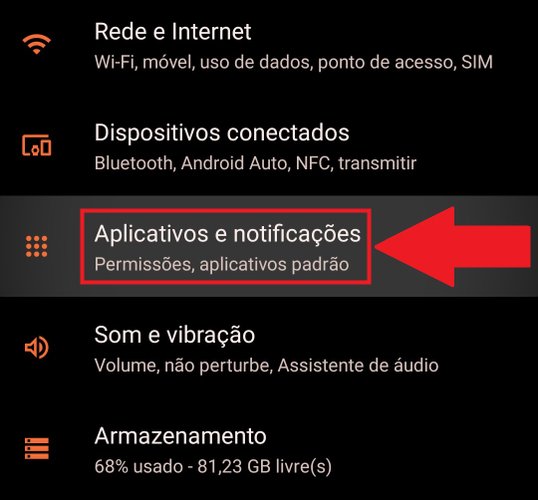 Desça a tela para achar a opção "Aplicativos e notificações".