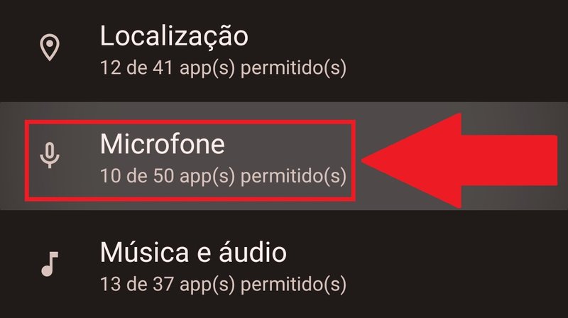 É preciso deslizar a tela até achar a opção "Microfone".