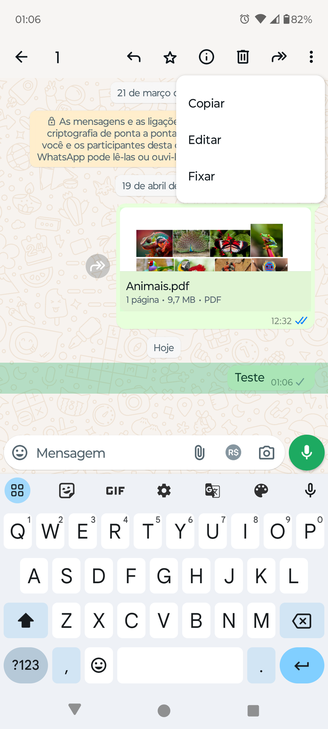 Dentro da conversa que deseja alterar, basta manter o dedo pressionado sobre a mensagem para abrir o menu com a opção de editar. (Fonte: TecMundo/Reprodução)