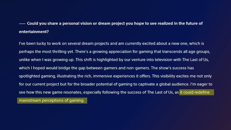 Entrevista da Sony onde Druckmann teria supostamente afirmado que o novo jogo da Naughty Dog poderia "redefinir as percepções convencionais de videogames".