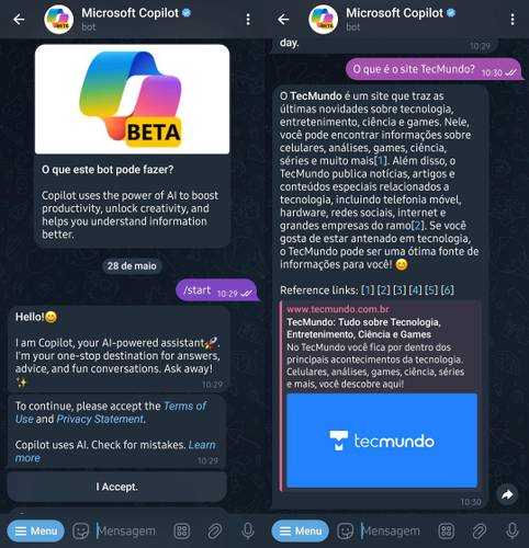 O Copilot do Telegram entende e responde em português brasileiro, mas a primeira interação acontece em inglês.