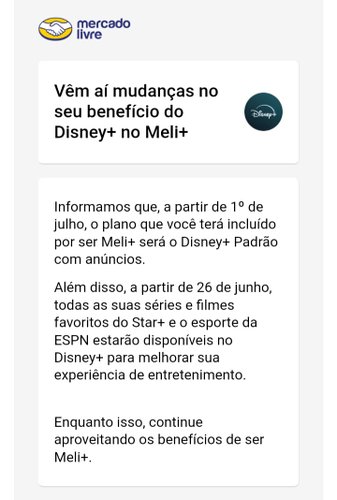 Novo plano padrão do Disney+ incluído no Meli+ passará a exibir anúncios a partir de julho de 2024. (Imagem: Mercado Livre/Reprodução)