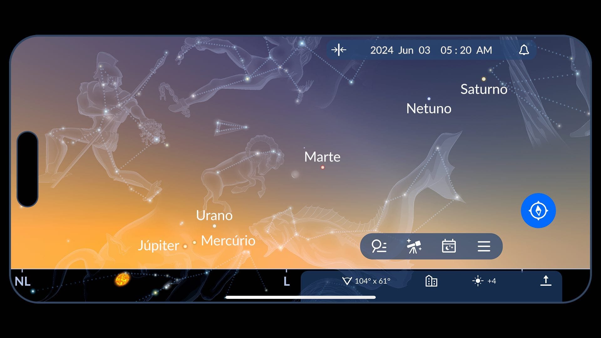 Alinhamento dos seis planetas em 3 de junho na tela do aplicativo Sky Tonight.