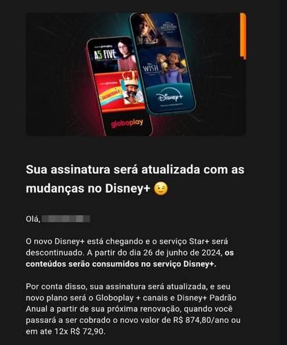 Um dos emails enviados pela Globoplay sobre a mudança de valores.
