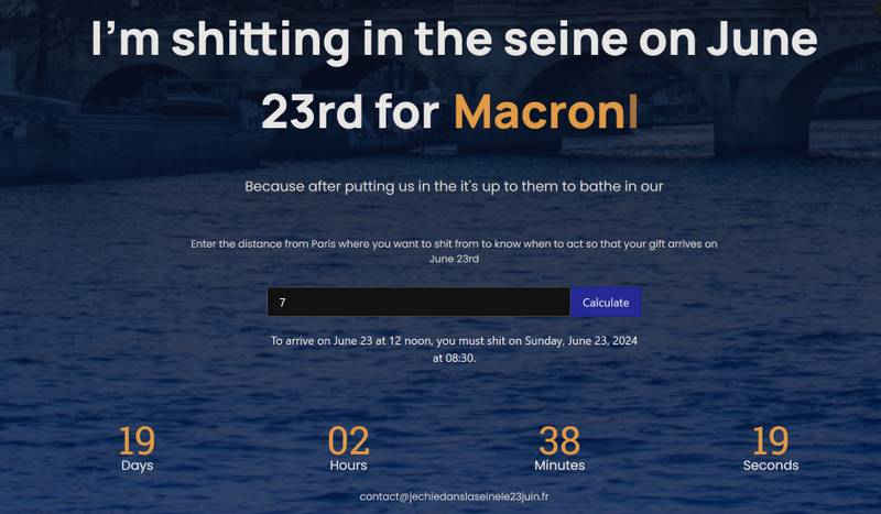 Segundo a calculadora do site, quem está há 7 km de Paris, deve defecar no domingo (23), às 8:30h da manhã, para que o cocô chegue ao Rio na hora do banho de Macron e Hidalgo. (Imagem: