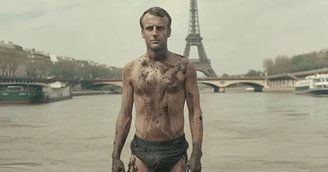 Montagem com foto de Macron coberto de cocô. (Imagem:  X @MickaelLaffont/Reprodução)