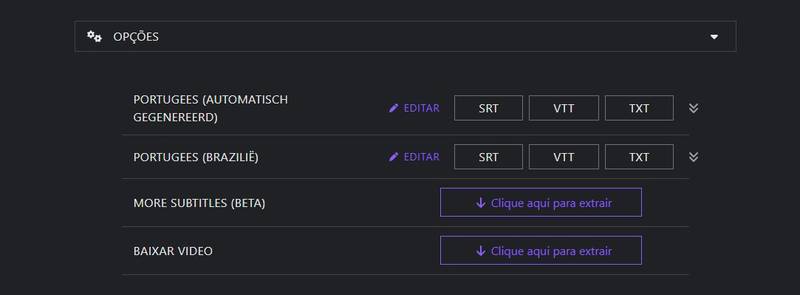 É possível escolher o formato no qual a legenda será baixada.