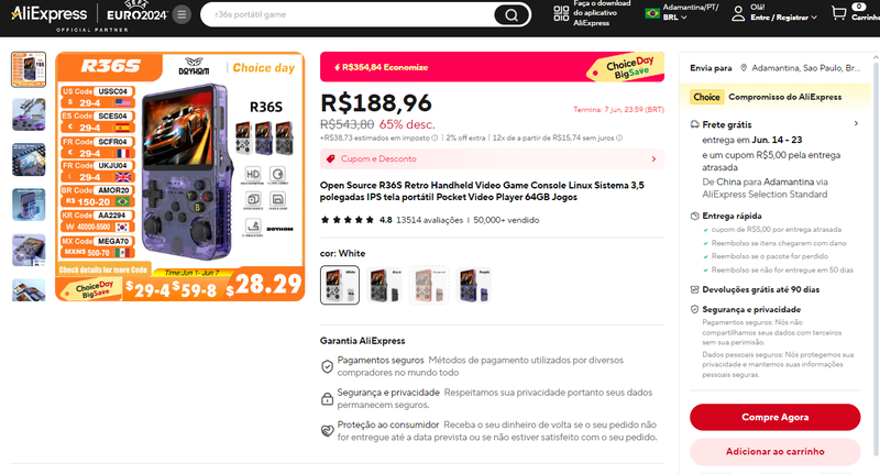 R36s por R$ 188,96 no Aliexpress antes da taxa do ICMS