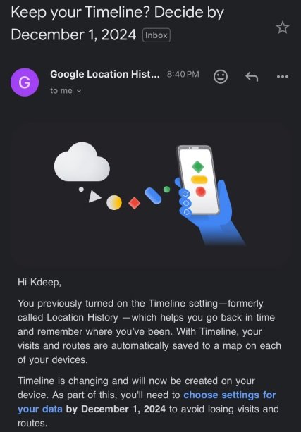 O email da Google avisando sobre a mudança no histórico de localização.