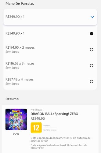 É possível parcelar suas compras na PS Store em até quatro vezes sem juros no cartão de crédito. A versão básica de Dragon Ball Sparking Zero, por exemplo, pode ser paga em até quatro de R$ 87,48.