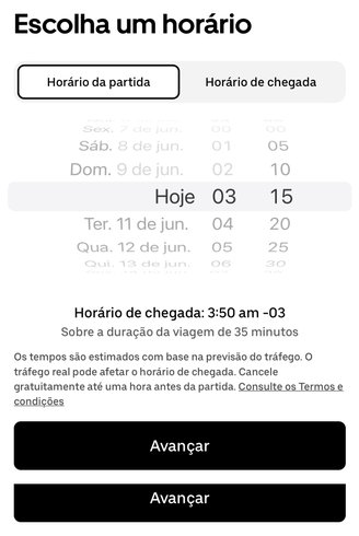 Escolha o horário desejado para embarcar no Uber.