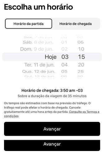 Escolha o horário desejado para embarcar no Uber.