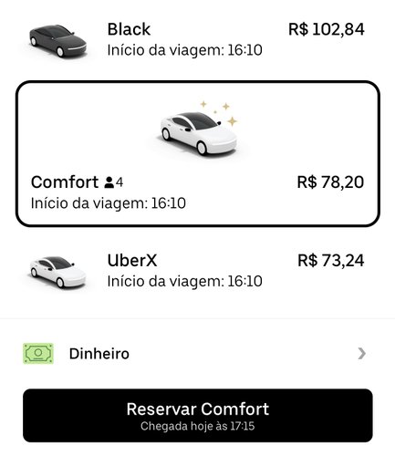 É possível selecionar a categoria do carro que fará a sua viagem.