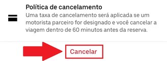 A opção "Cancelar" fica no final da tela.