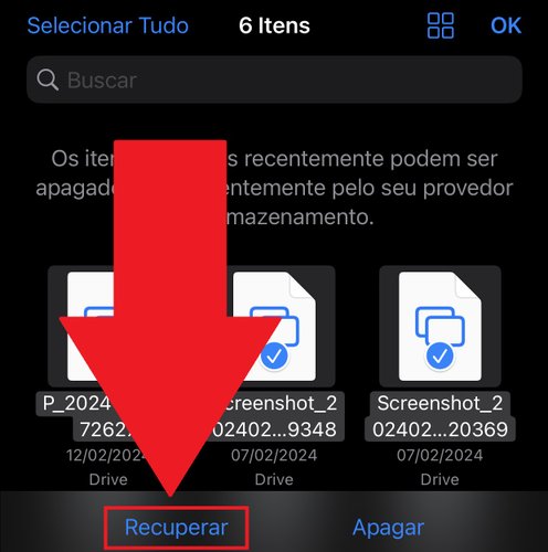 A opção "Recuperar" fica na parte inferior da tela