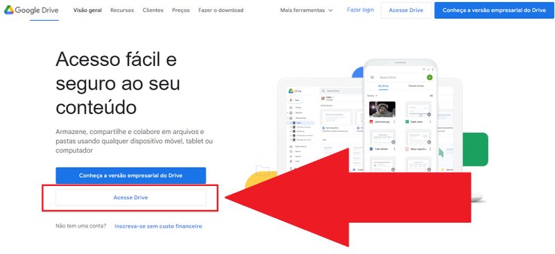 Clique em "Acesse Drive" para se logar no Google Drive