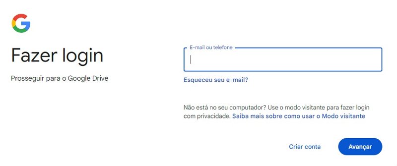 É preciso acessar sua conta Google, ou criar uma, para usar o Google Drive