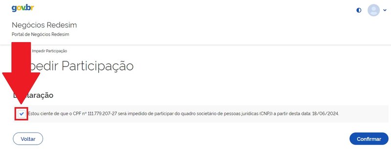 Marque a caixa de opções para validar o bloqueio do seu CPF para uso não autorizado