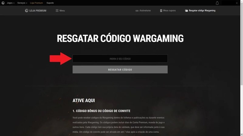 Insira qualquer um dos códigos da primeira lista neste espaço.