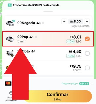 Aperte na opção "99Negocia" para oferecer o seu valor ao motorista