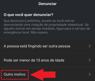 Aperte em "Outro motivo" para seguir com a denúncia