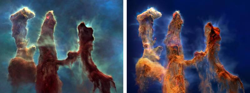 Imagem do Hubble (à esquerda), os pilares são marrons, e na do Webb, laranja.