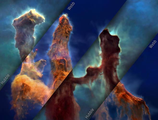 Mosaico com fotos em luz visível (Hubble) e no infravermelho (Webb).