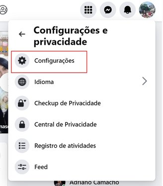 Comece acessando a opção Configurações para desativar o Facebook temporariamente. (Fonte: TecMundo/Reprodução)