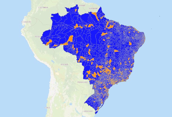 Em laranja, territórios com o 5G ativado; regiões em azul têm o 4G. (Imagem: Anatel/Divulgação)