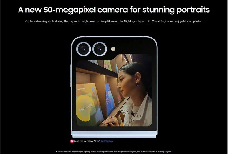 Pela primeira vez, o Galaxy Z Flip 6 terá uma câmera principal de 50 MP.