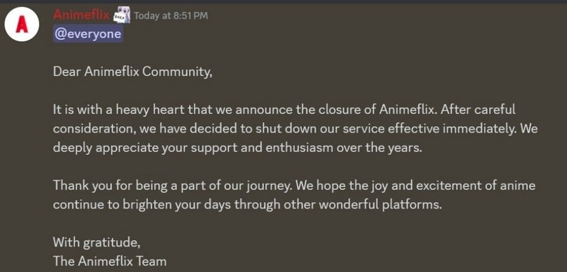 Fim do Animeflix foi confirmado no Discord oficial do serviço