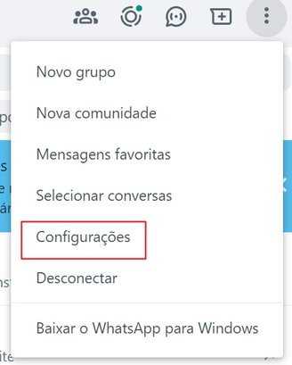 Com o WhatsApp Web aberto, você deve clicar na opção Configurações para iniciar o processo de inclusão de senha. (Fonte: TecMundo/Reprodução)