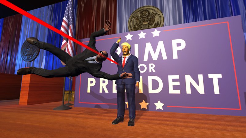 Dick "Rock-Hard" Johnson salvando Ronald Rump da morte certa em Mr. President!